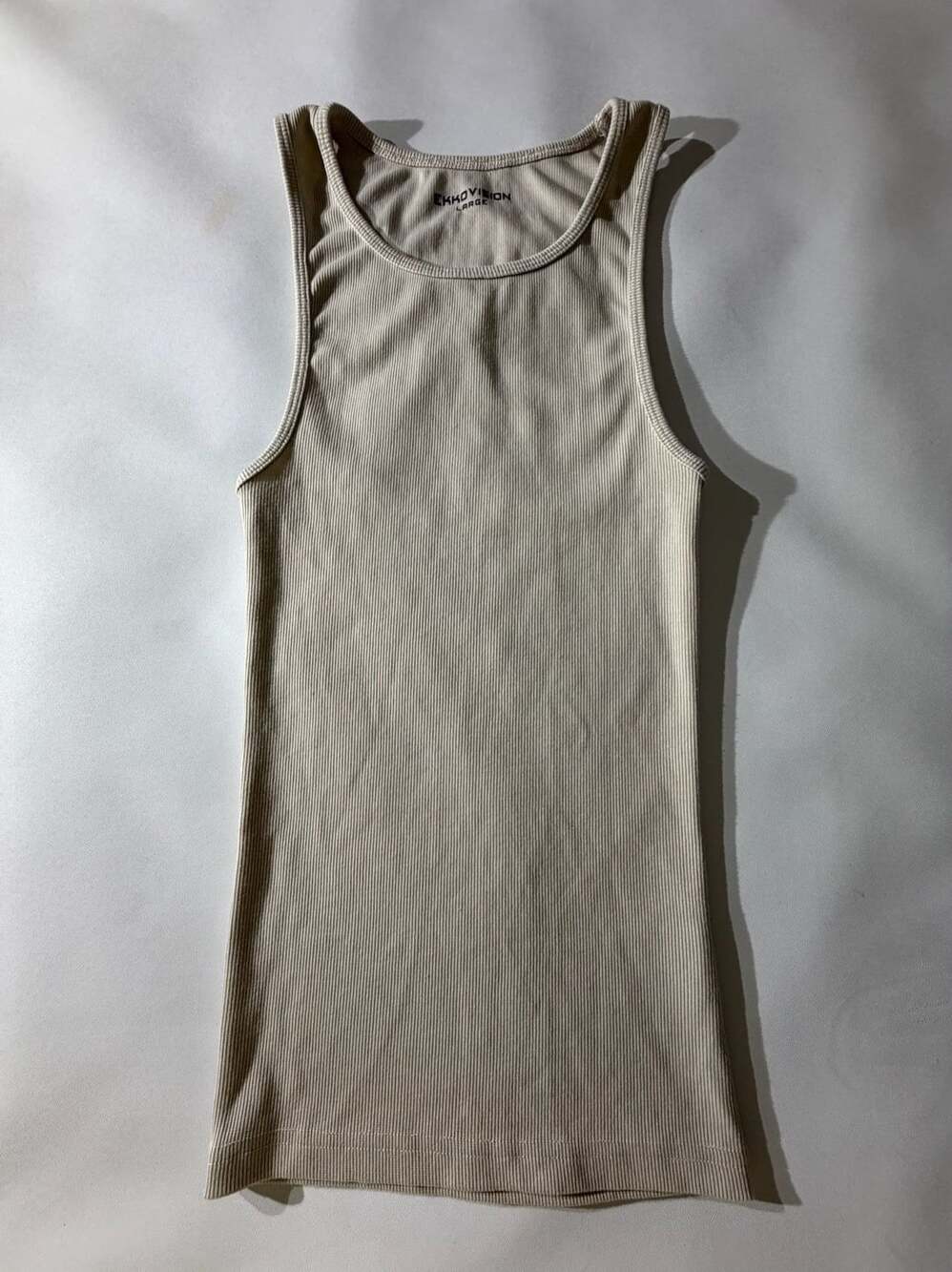 EkkoVision L Beige Ribbed Tank Top Sleeveless Crew Neck Stretchy Basic Y2K